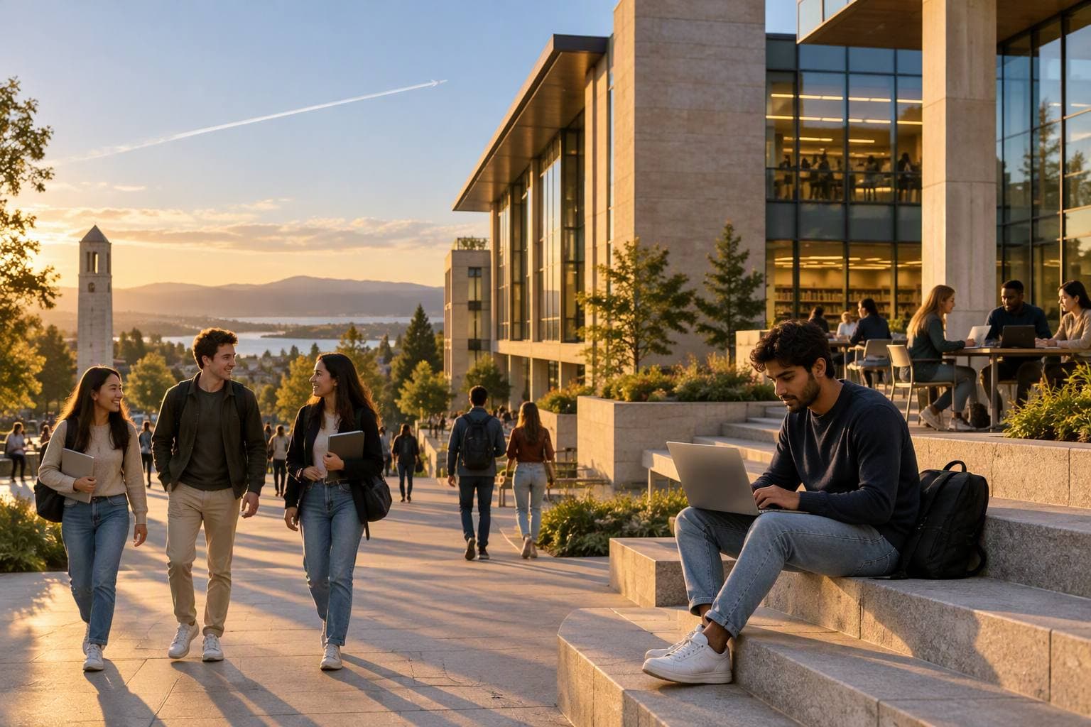 Students on an international university campus at sunset, one of them working on a laptop